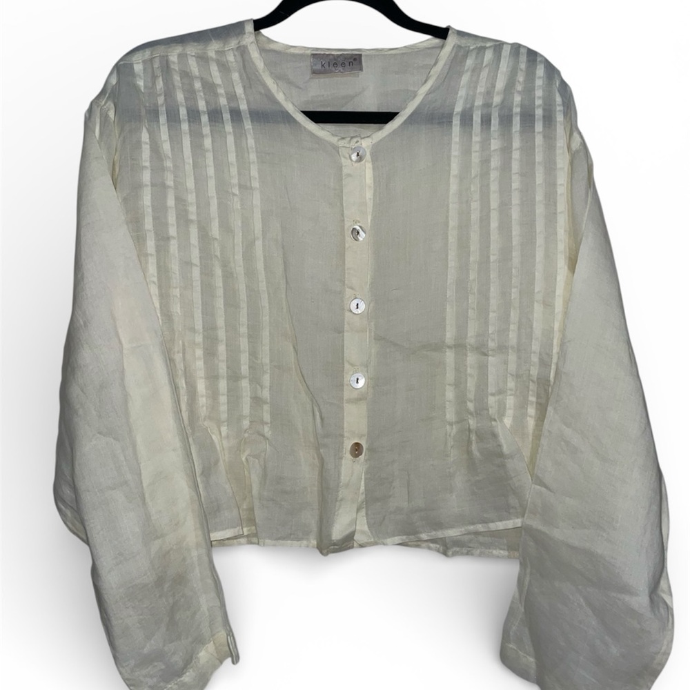 Women's Kleen Butter Yellow 100% Linen Made in USA Button Down Shirt - Picture 8 of 9